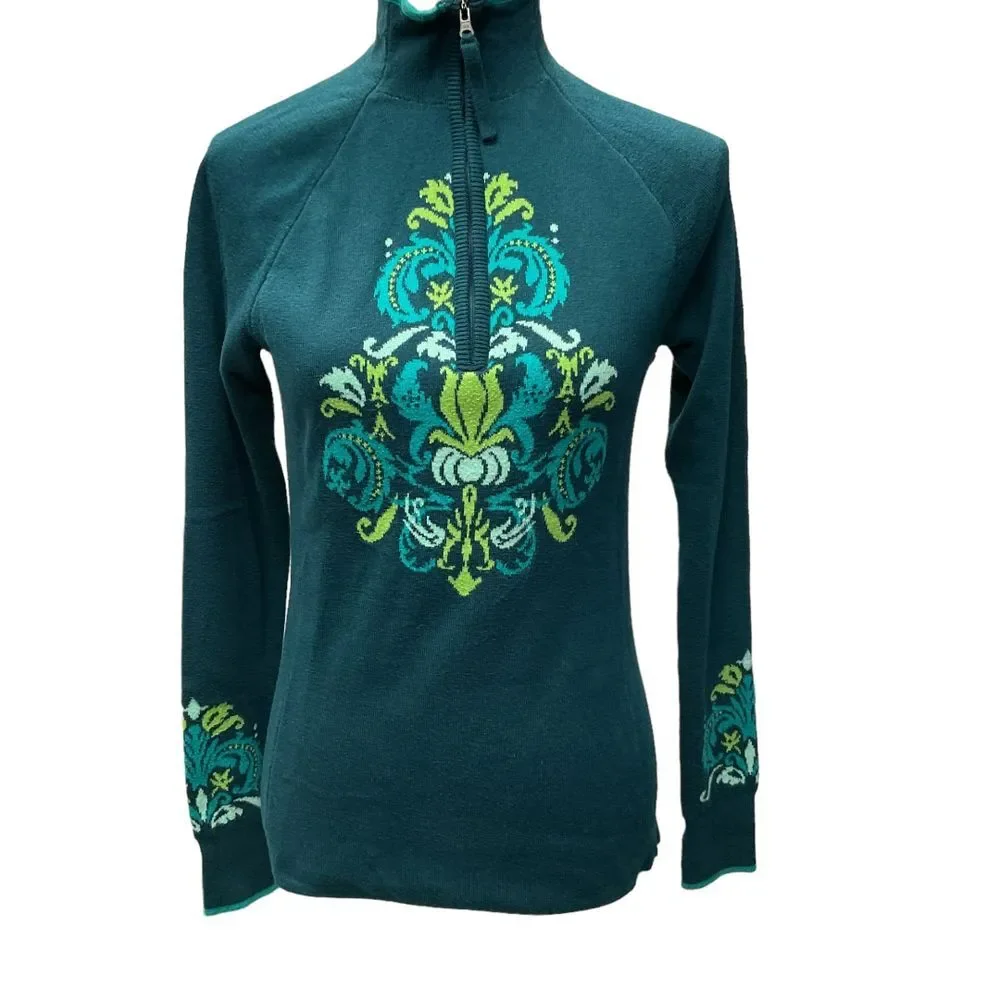 Athleta 1/4 Zip Floral Knit Pullover Sweater Blue Green Thumbholes Size S Cozy